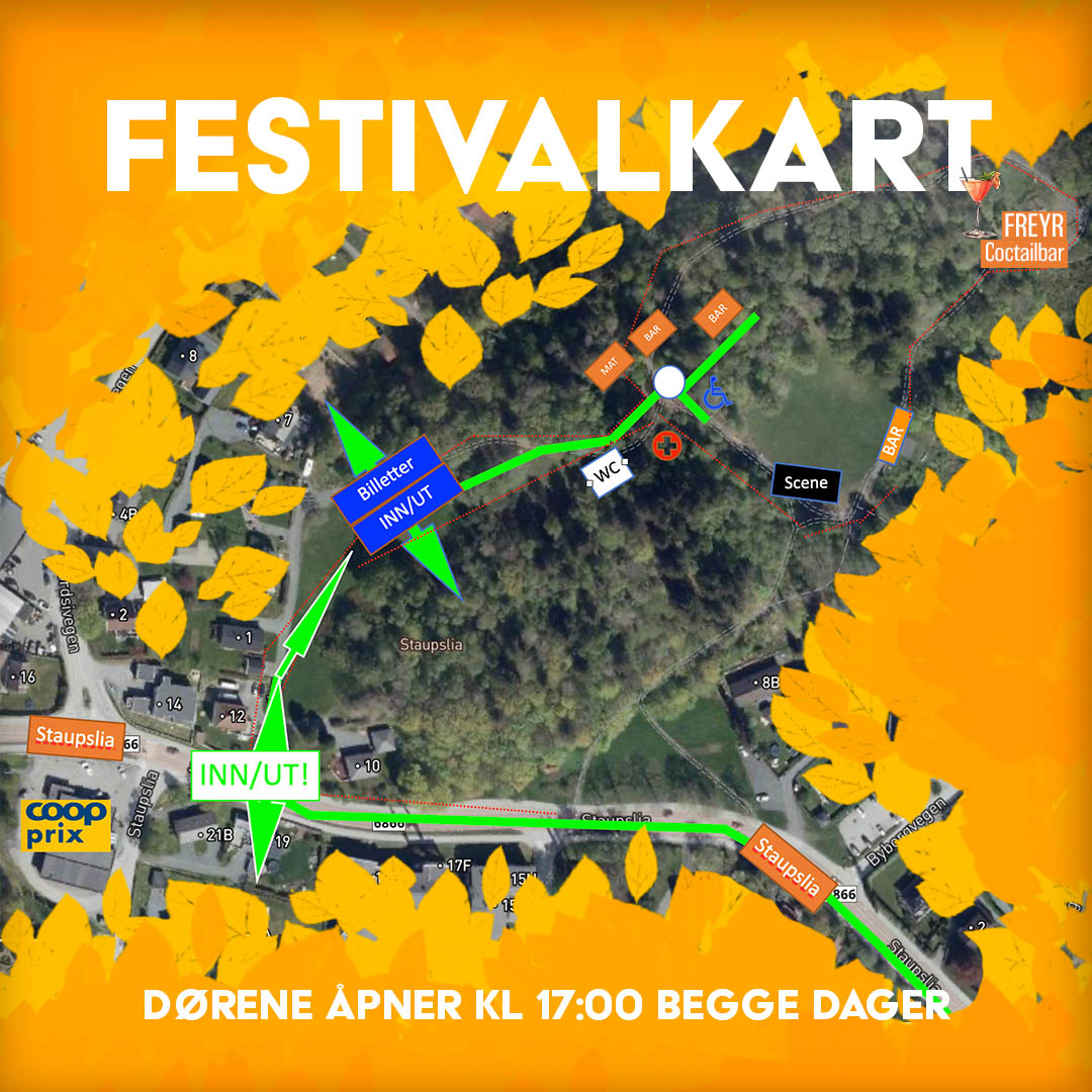 Billettsalg på nett av Kultar til Staupshaugen Live. Festivalkart. Det skjer i Levanger