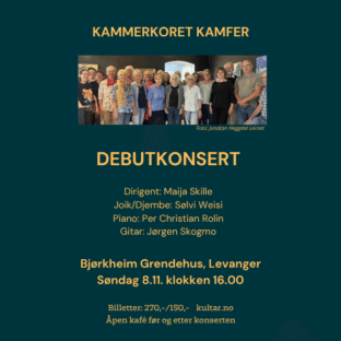 Billettsalg på nett av kultar.no til Kammerkoret Kamfer - Debutkonsert på Halsan Grendehus Bjørkheim. Det skjer i Levanger og Trøndelag